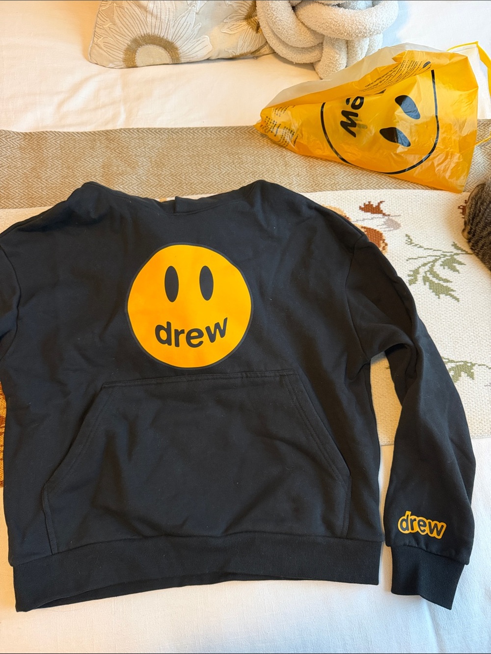 drew house Black Crewneck Sweatshirt with Yellow Smiley Logo